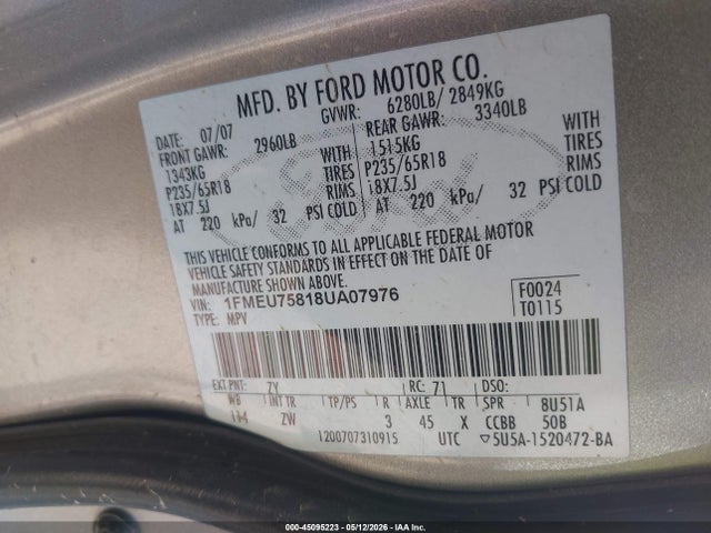 45095223 :رقم المزاد ، 1FMEU75818UA07976 vin ، 2008 Ford Explorer Limited مزاد بيع