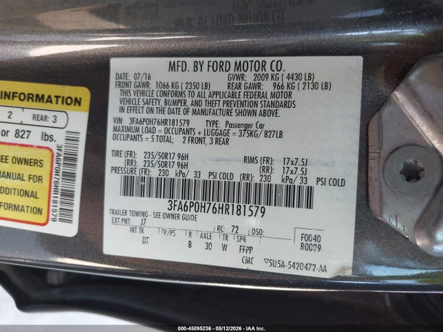 Aukcja sprzedaży 2017 Ford Fusion Se, vin: 3FA6P0H76HR181579, numer aukcji: 45095236