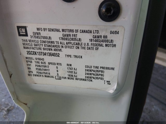 45095247 :رقم المزاد ، 2GCEK13T941364052 vin ، 2004 Chevrolet Silverado 1500 Z71 مزاد بيع