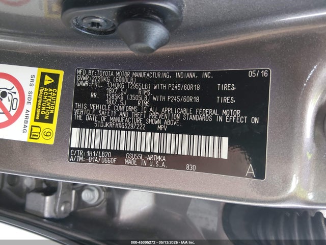 Aukcja sprzedaży 2016 Toyota Highlander Xle V6, vin: 5TDJKRFHXGS297222, numer aukcji: 45095272