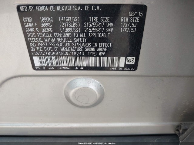 Aukcja sprzedaży 2016 Honda Hr-v Lx, vin: 3CZRU6H35GM719243, numer aukcji: 45095277