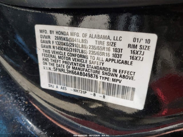 45095280 :رقم المزاد ، 5FNRL3H66AB049876 vin ، 2010 Honda Odyssey Ex-l مزاد بيع