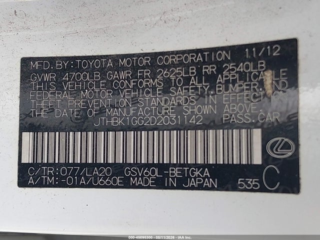 Продажа на аукционе авто 2013 Lexus Es 350, vin: JTHBK1GG2D2031142, номер лота: 45095300