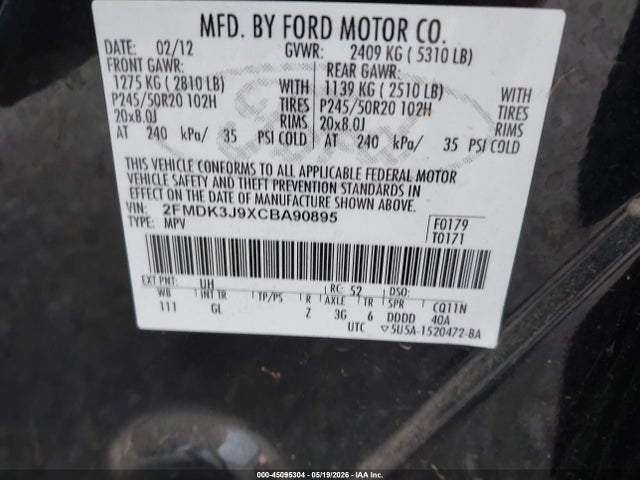 Aukcja sprzedaży 2012 Ford Edge Sel, vin: 2FMDK3J9XCBA90895, numer aukcji: 45095304