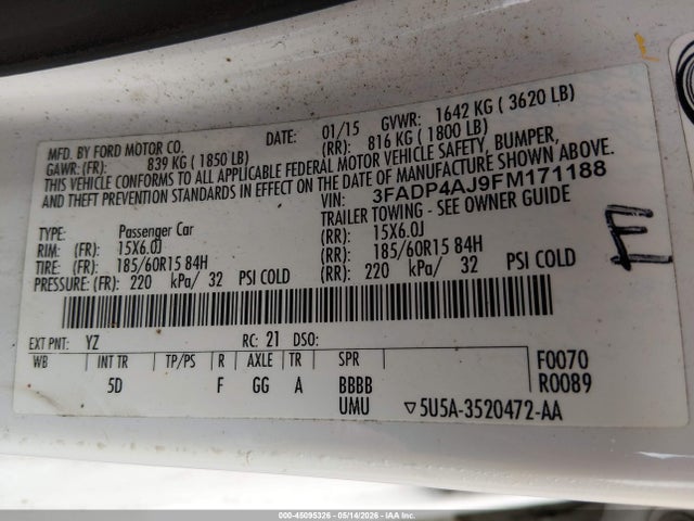 Auction sale of the 2015 Ford Fiesta S, vin: 3FADP4AJ9FM171188, lot number: 45095326