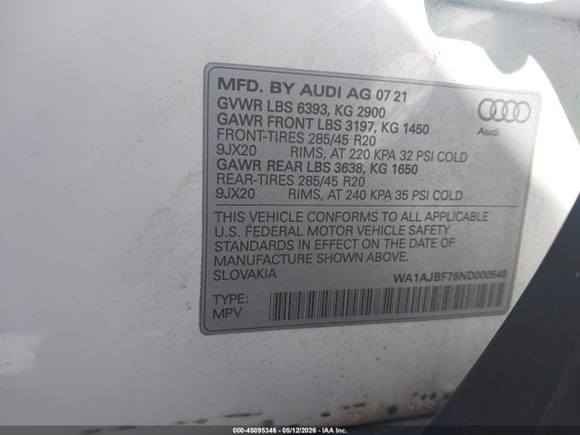 2022 Audi Q7 Premium 45 Tfsi Quattro Tiptronic მანქანა იყიდება აუქციონზე, vin: WA1AJBF78ND000548, აუქციონის ნომერი: 45095346
