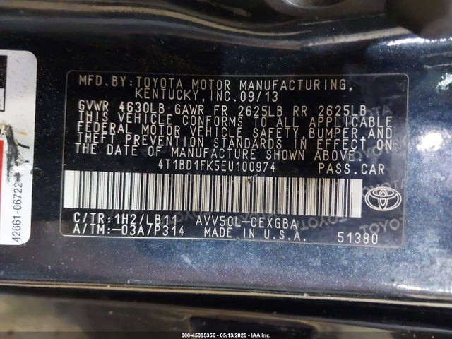 45095356 :رقم المزاد ، 4T1BD1FK5EU100974 vin ، 2014 Toyota Camry Hybrid Xle مزاد بيع