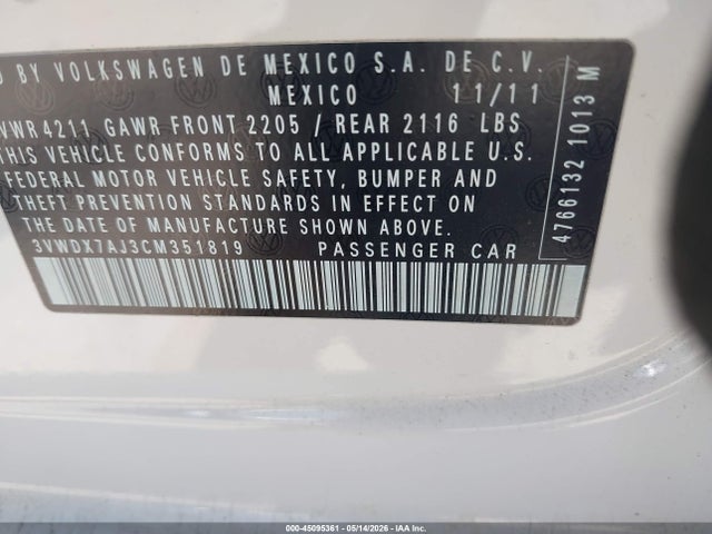 Продаж на аукціоні авто 2012 Volkswagen Jetta 2.5l Se, vin: 3VWDX7AJ3CM351819, номер лоту: 45095361