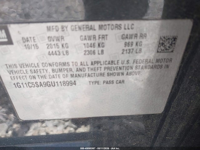 45095367 :رقم المزاد ، 1G11C5SA9GU118994 vin ، 2016 Chevrolet Malibu Limited Lt مزاد بيع