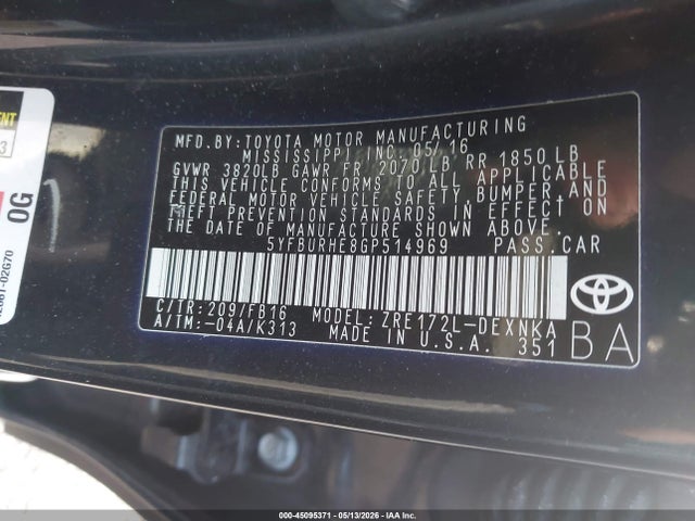 Aukcja sprzedaży 2016 Toyota Corolla Le, vin: 5YFBURHE8GP514969, numer aukcji: 45095371