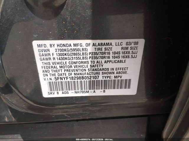 Aukcja sprzedaży 2008 Honda Pilot Vp, vin: 5FNYF18298B052107, numer aukcji: 45095374