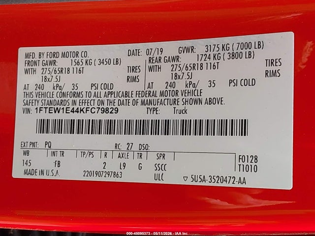 2019 Ford F-150 Xlt მანქანა იყიდება აუქციონზე, vin: 1FTEW1E44KFC79829, აუქციონის ნომერი: 45095373