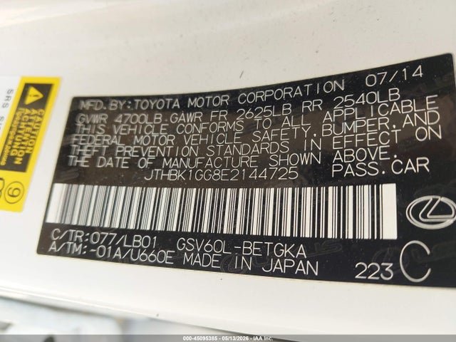 Aukcja sprzedaży 2014 Lexus Es 350, vin: JTHBK1GG8E2144725, numer aukcji: 45095385