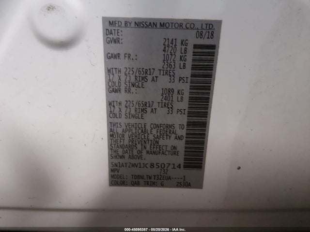 Aukcja sprzedaży 2018 Nissan Rogue Sv, vin: 5N1AT2MV1JC850714, numer aukcji: 45095387