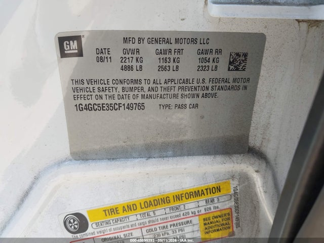45095393 :رقم المزاد ، 1G4GC5E35CF149765 vin ، 2012 Buick Lacrosse Leather Group مزاد بيع