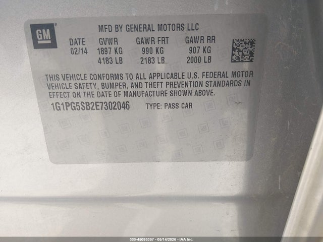 2014 Chevrolet Cruze Ltz მანქანა იყიდება აუქციონზე, vin: 1G1PG5SB2E7302046, აუქციონის ნომერი: 45095397