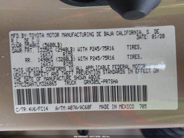 Продаж на аукціоні авто 2020 Toyota Tacoma Sr5 V6, vin: 3TMCZ5AN7LM326065, номер лоту: 45095402