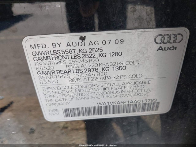 Aukcja sprzedaży 2010 Audi Q5 3.2 Premium, vin: WA1VKAFP1AA013789, numer aukcji: 45095404
