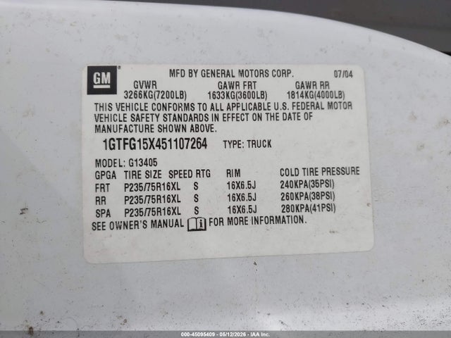 45095409 :رقم المزاد ، 1GTFG15X451107264 vin ، 2005 Gmc Savana Standard مزاد بيع