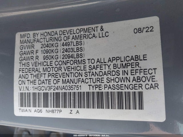 1HGCV3F24NA035751 Honda Accord Hybrid Sport