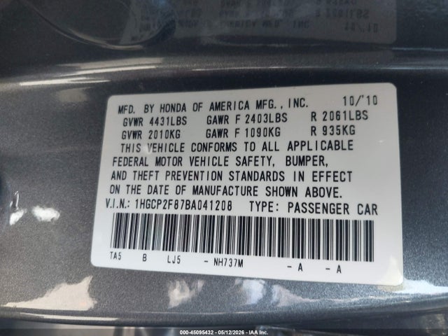 Aukcja sprzedaży 2011 Honda Accord 2.4 Ex-l, vin: 1HGCP2F87BA041208, numer aukcji: 45095432