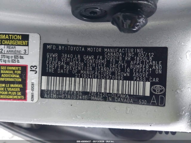 Продаж на аукціоні авто 2012 Toyota Corolla Le, vin: 2T1BU4EEXCC870986, номер лоту: 45095437