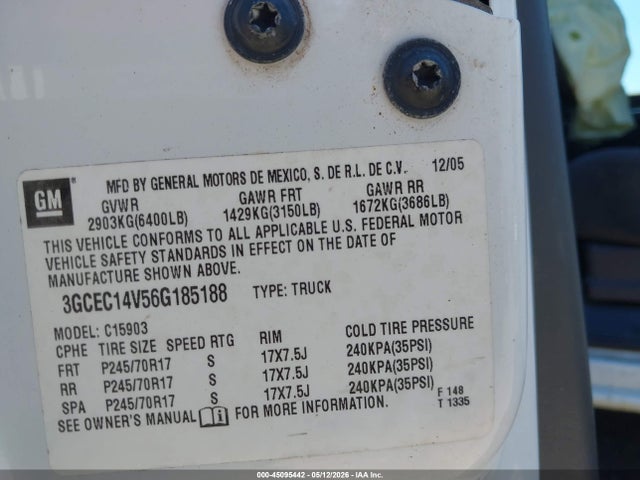 2006 Chevrolet Silverado 1500 Work Truck მანქანა იყიდება აუქციონზე, vin: 3GCEC14V56G185188, აუქციონის ნომერი: 45095442