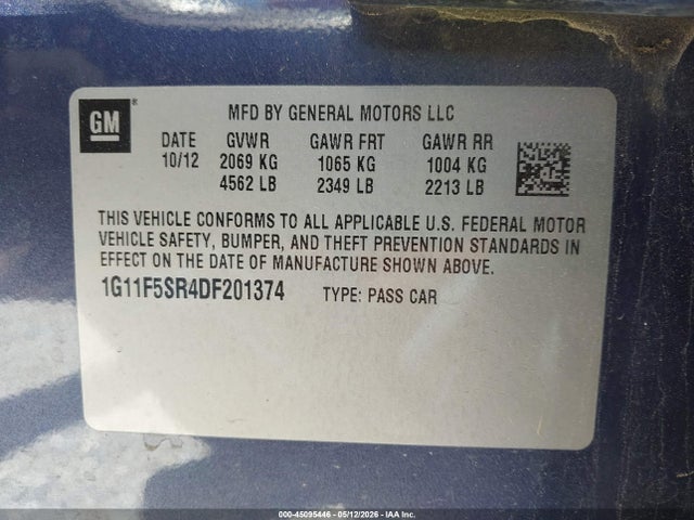 Продажа на аукционе авто 2013 Chevrolet Malibu Eco Premium Audio, vin: 1G11F5SR4DF201374, номер лота: 45095446