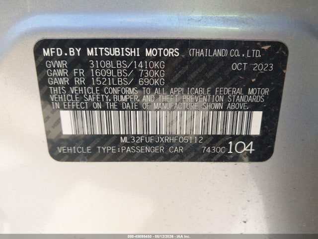 Aukcja sprzedaży 2024 Mitsubishi Mirage G4 Es, vin: ML32FUFJXRHF05112, numer aukcji: 45095450