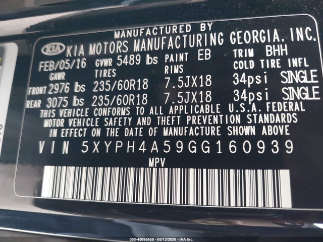 5XYPH4A59GG160939 KIA Sorento 3.3l Ex