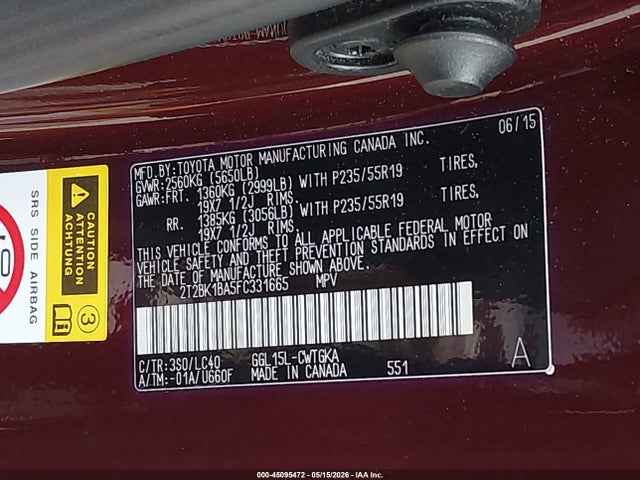 45095472 :رقم المزاد ، 2T2BK1BA5FC331665 vin ، 2015 Lexus Rx 350 مزاد بيع