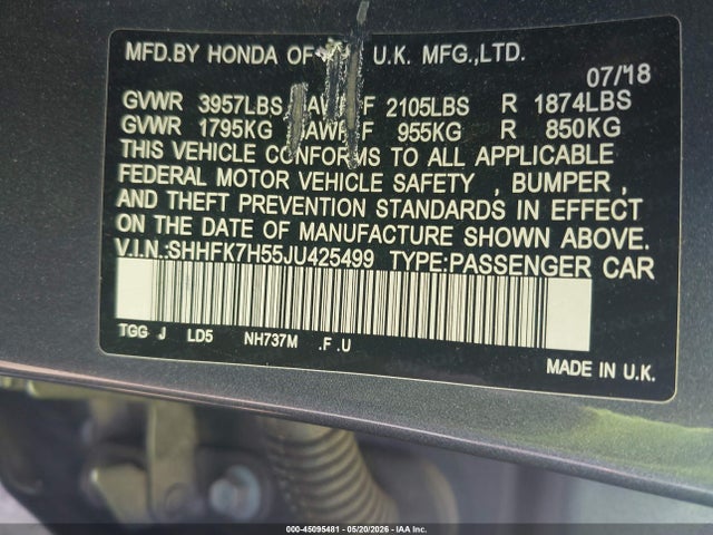 SHHFK7H55JU425499 Honda CIVIC EX