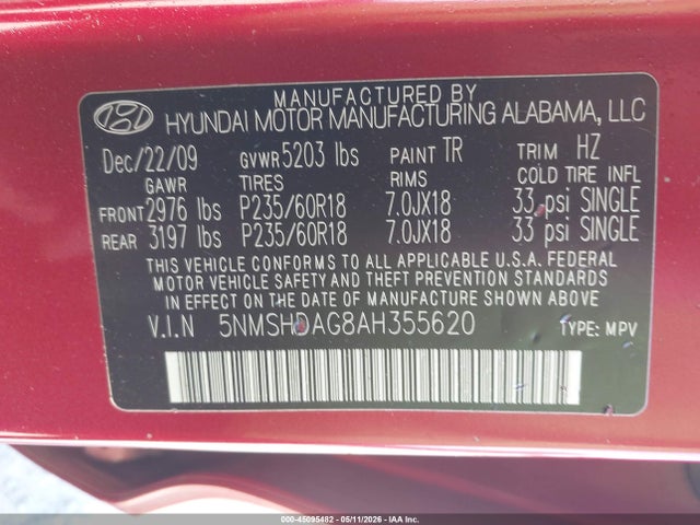 Продаж на аукціоні авто 2010 Hyundai Santa Fe Se, vin: 5NMSHDAG8AH355620, номер лоту: 45095482
