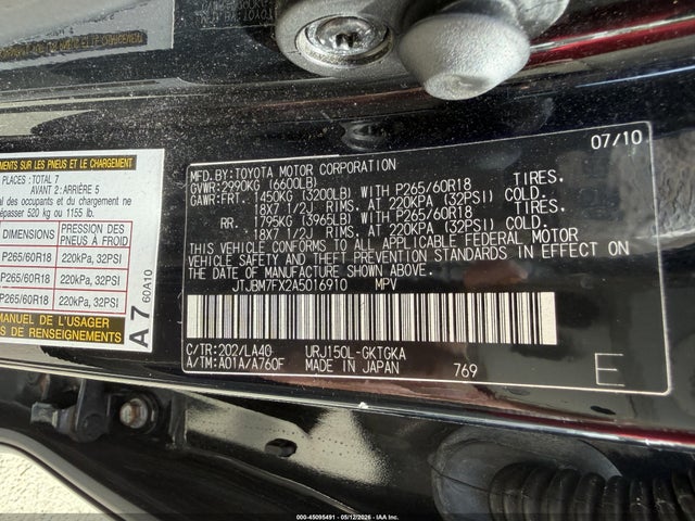 45095491 :رقم المزاد ، JTJBM7FX2A5016910 vin ، 2010 Lexus Gx 460 مزاد بيع