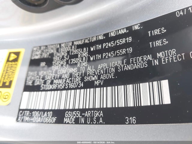 Aukcja sprzedaży 2015 Toyota Highlander Limited V6, vin: 5TDDKRFH5FS160734, numer aukcji: 45095492