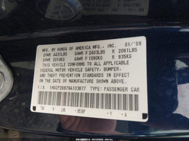 Aukcja sprzedaży 2009 Honda Accord 2.4 Ex-l, vin: 1HGCP26879A103877, numer aukcji: 45095514