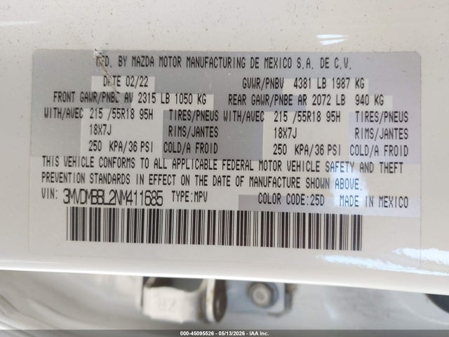 Продажа на аукционе авто 2022 Mazda Cx-30 Select, vin: 3MVDMBBL2NM411685, номер лота: 45095526