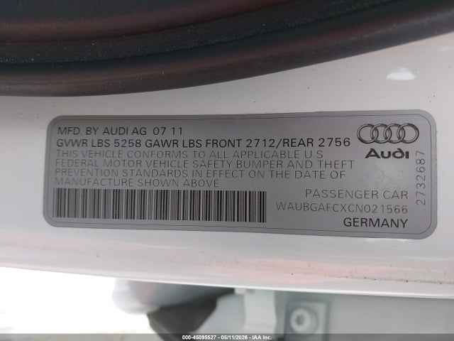 45095527 :رقم المزاد ، WAUBGAFCXCN021566 vin ، 2012 Audi A6 3.0 Premium مزاد بيع