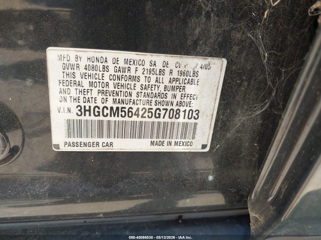 2005 Honda Accord 2.4 Lx მანქანა იყიდება აუქციონზე, vin: 3HGCM56425G708103, აუქციონის ნომერი: 45095530