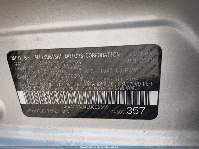 Продаж на аукціоні авто 2020 Mitsubishi Outlander Sport 2.0 Be Awc/2.0 Es Awc/2.0 Se Awc/2.0 Sp Awc, vin: JA4AR3AU4LU025665, номер лоту: 45095533
