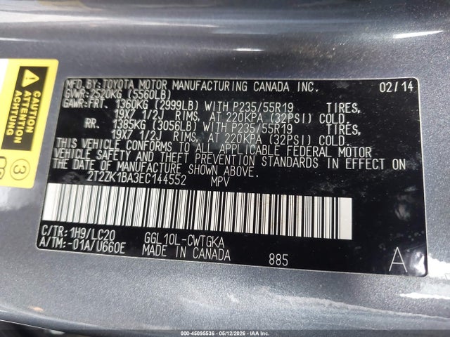 45095536 :رقم المزاد ، 2T2ZK1BA3EC144552 vin ، 2014 Lexus Rx 350 مزاد بيع