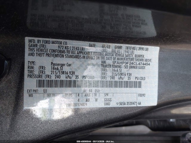 Продаж на аукціоні авто 2012 Ford Focus Se, vin: 1FAHP3F24CL474454, номер лоту: 45095544