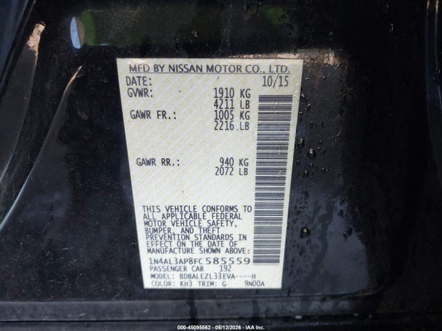 2015 Nissan Altima 2.5 S მანქანა იყიდება აუქციონზე, vin: 1N4AL3AP8FC585559, აუქციონის ნომერი: 45095562
