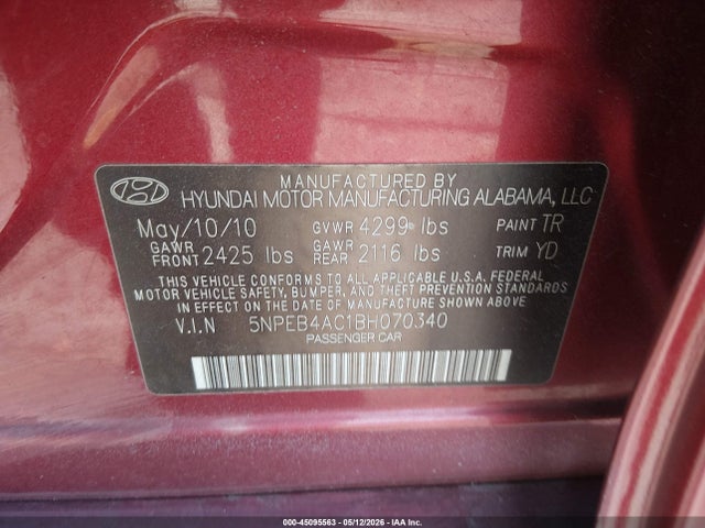 Продажа на аукционе авто 2011 Hyundai Sonata Gls, vin: 5NPEB4AC1BH070340, номер лота: 45095563