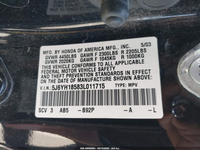 45095564 :رقم المزاد ، 5J6YH18583L011715 vin ، 2003 Honda Element Ex مزاد بيع