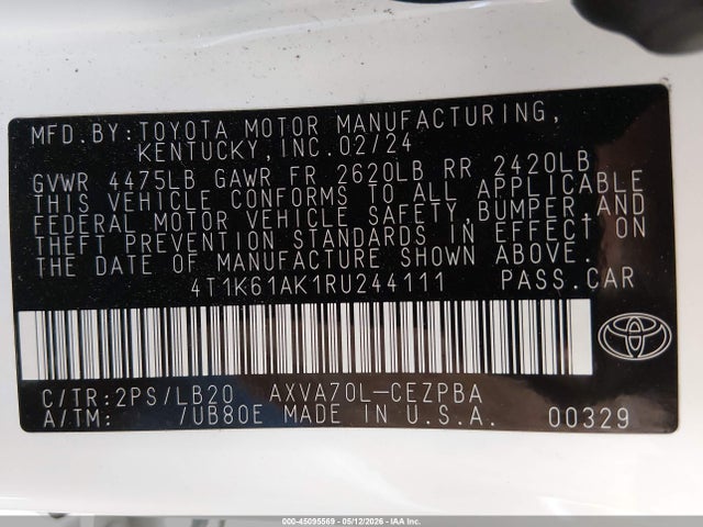 45095569 :رقم المزاد ، 4T1K61AK1RU244111 vin ، 2024 Toyota Camry Xse مزاد بيع