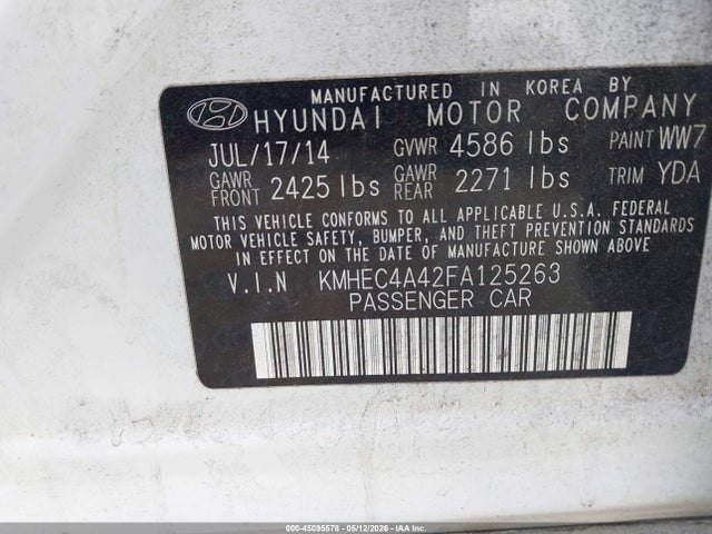 2015 Hyundai Sonata Hybrid Limited მანქანა იყიდება აუქციონზე, vin: KMHEC4A42FA125263, აუქციონის ნომერი: 45095578