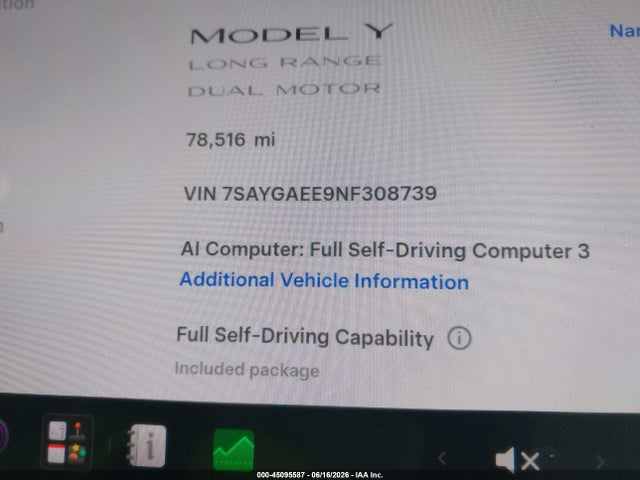 45095587 :رقم المزاد ، 7SAYGAEE9NF308739 vin ، 2022 Tesla Model Y Long Range Dual Motor All-wheel Drive مزاد بيع