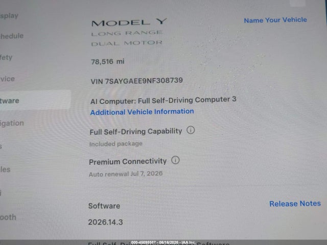 45095587 :رقم المزاد ، 7SAYGAEE9NF308739 vin ، 2022 Tesla Model Y Long Range Dual Motor All-wheel Drive مزاد بيع