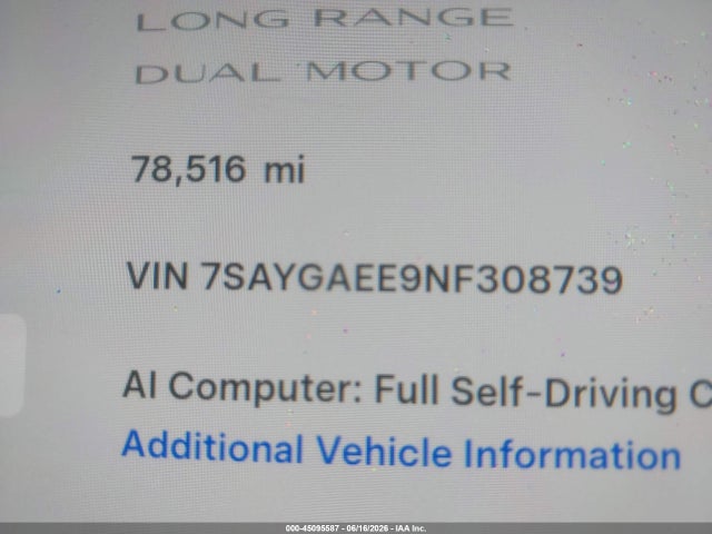 45095587 :رقم المزاد ، 7SAYGAEE9NF308739 vin ، 2022 Tesla Model Y Long Range Dual Motor All-wheel Drive مزاد بيع
